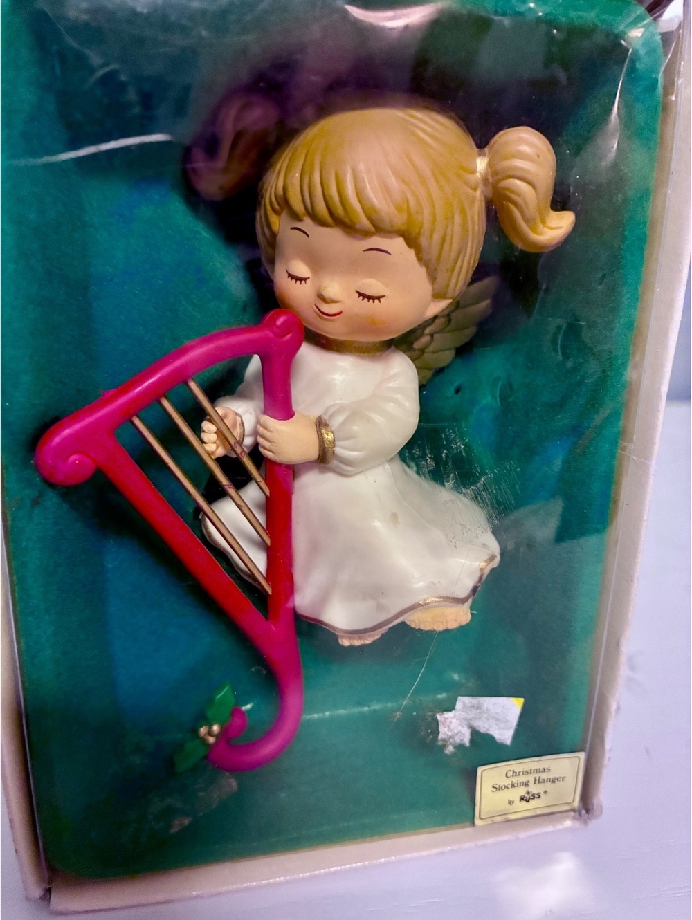 Vintage Russ Berry Angel Playing Harp Christmas Stocking Hanger Holder In Box